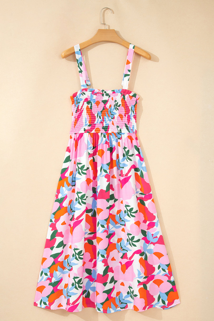 Floral smocked adjustable strap midi sundress styled outfit | Fashionfitz UK