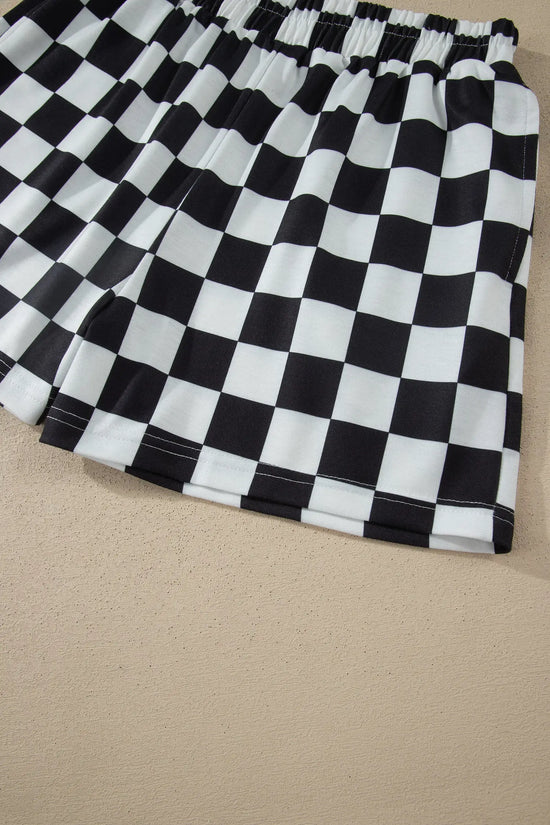 Checkered colour block trim mock neck short set outfit sets