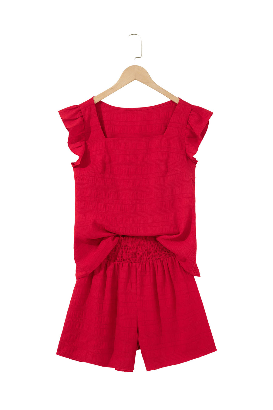 Textured Square Neck Cap Sleeve Top & Shirred High Waist Shorts Set