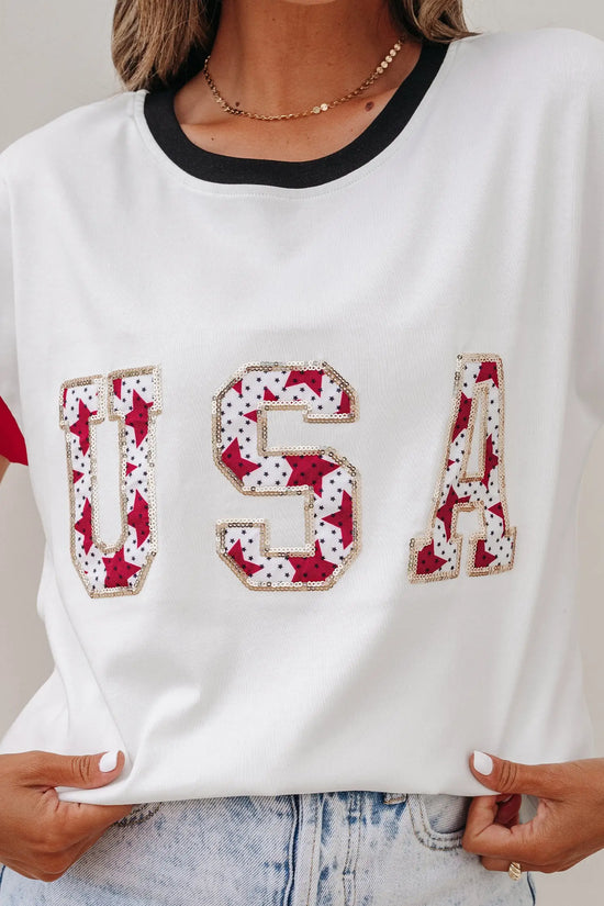 Women’s usa sequin colourblock letter print loose t-shirt t-shirts