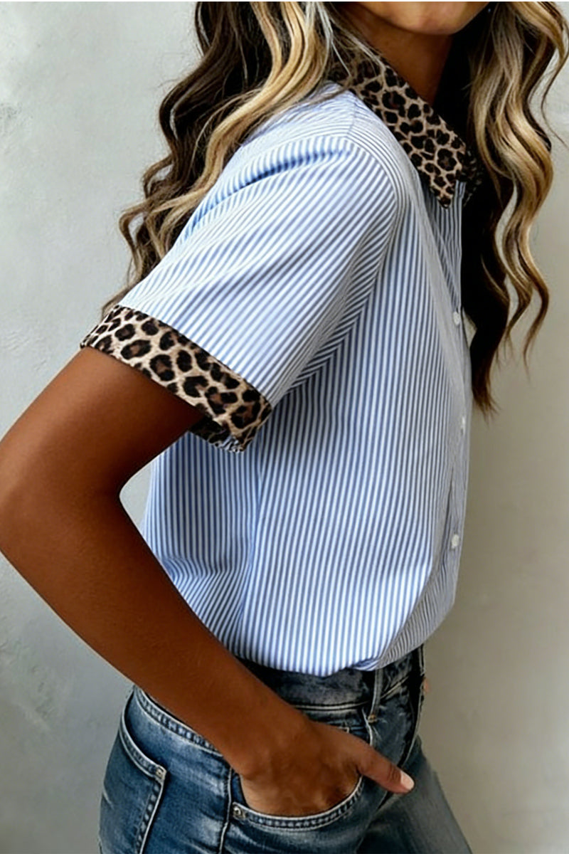 Stripe Leopard Contrast Collar Short Sleeve Shirt Women UK