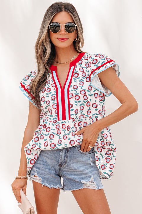 Red sunflower printed contrast trim V-neck flutter sleeve blouse front view — Fashionfitz UK