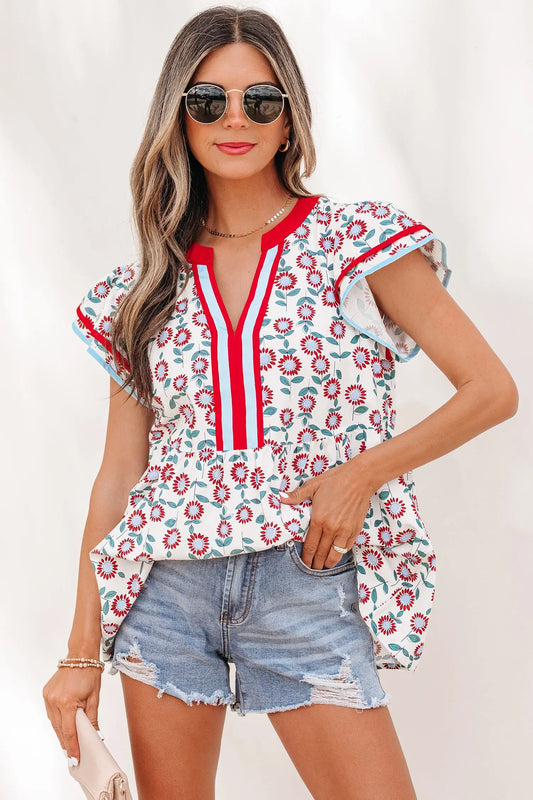 Red sunflower printed contrast trim v neck flutter sleeve blouse