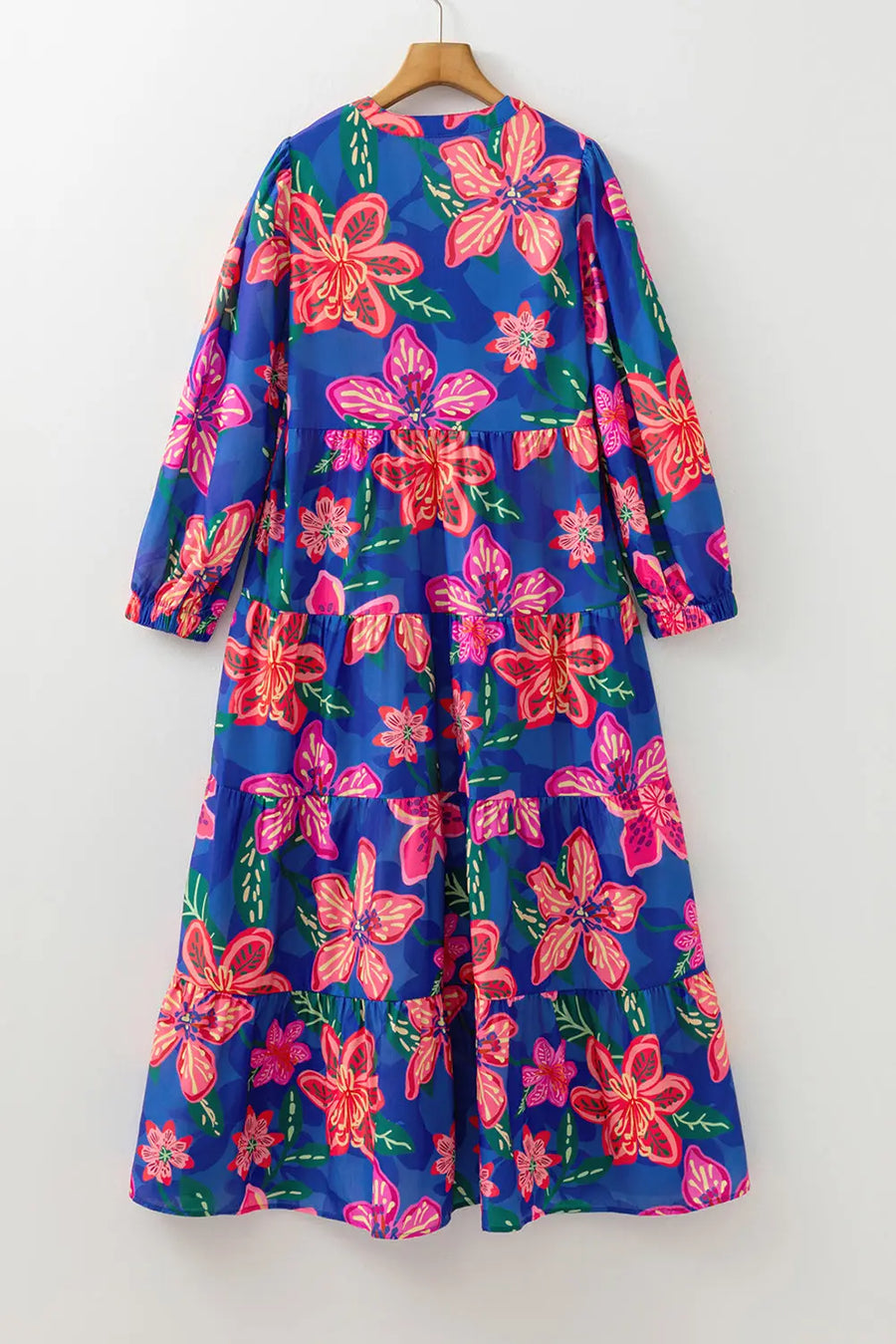Blue Floral 3/4 Sleeve V Neck Tiered Maxi Dress Women UK