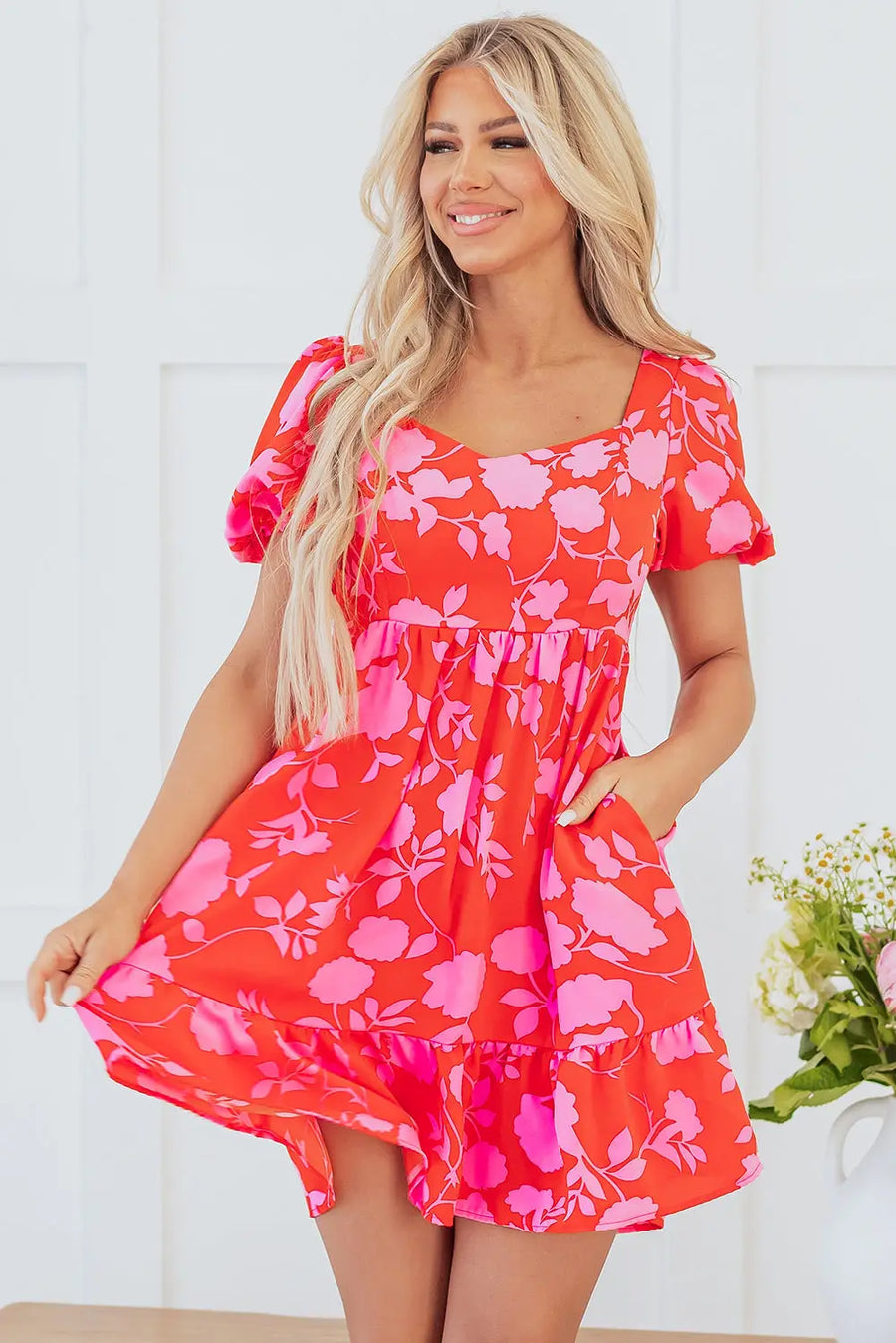 Red Floral Bubble Sleeve Sweetheart Neck Ruffled Mini Dress Women UK