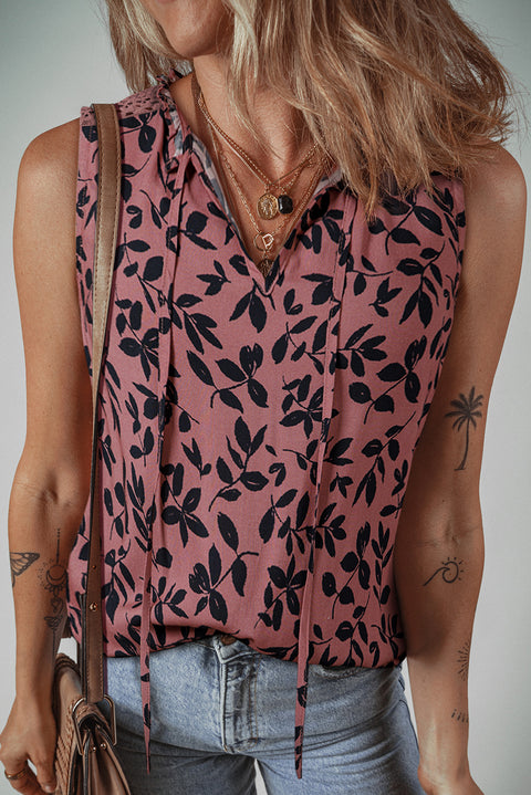 Brown Leaf Print Lace-Up V Neck Crinkled Tank Top Women UK