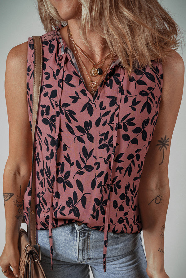 Brown Leaf Print Lace-Up V Neck Crinkled Tank Top Women UK