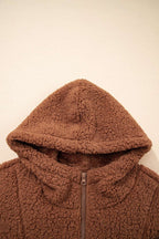 Detail of hood on Women's Zip‑Up Sherpa Hoodie Jacket, featuring thick sherpa fabric for added warmth and comfort.