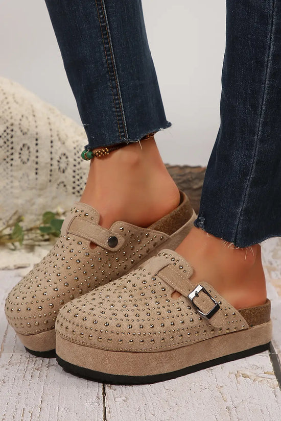 Parchment rivet buckle closed toe platform slippers