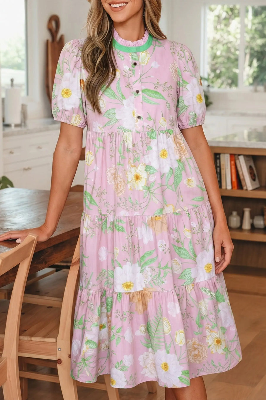 Pink Floral Puff Sleeve High Waist Tiered Maxi Dress Women UK
