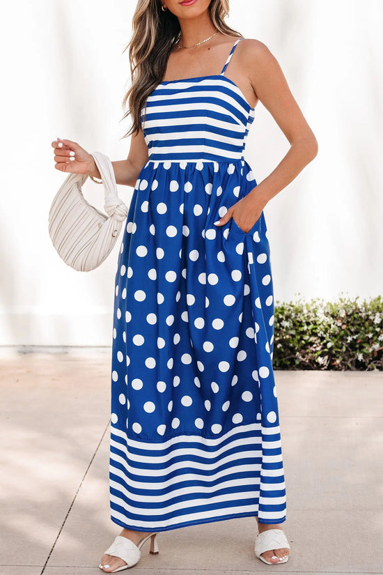 Blue striped polka dot patchwork high waist spaghetti strap maxi dress dresses