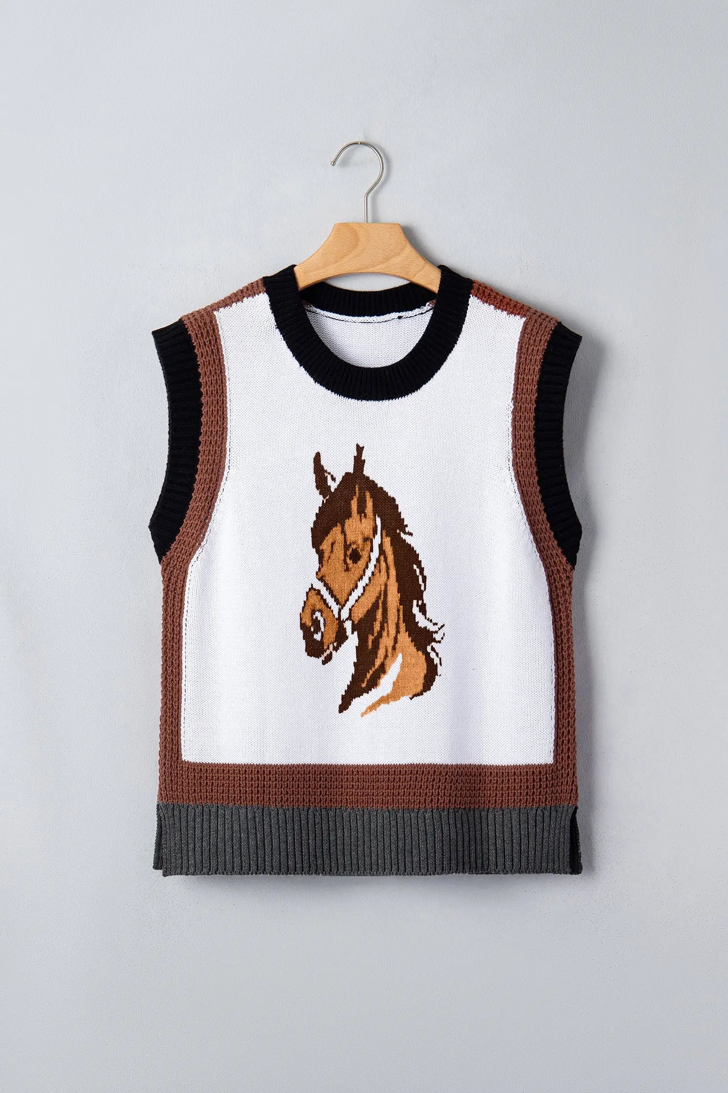 White western horse head print sweater vest colour block trim sleeveless sweaters