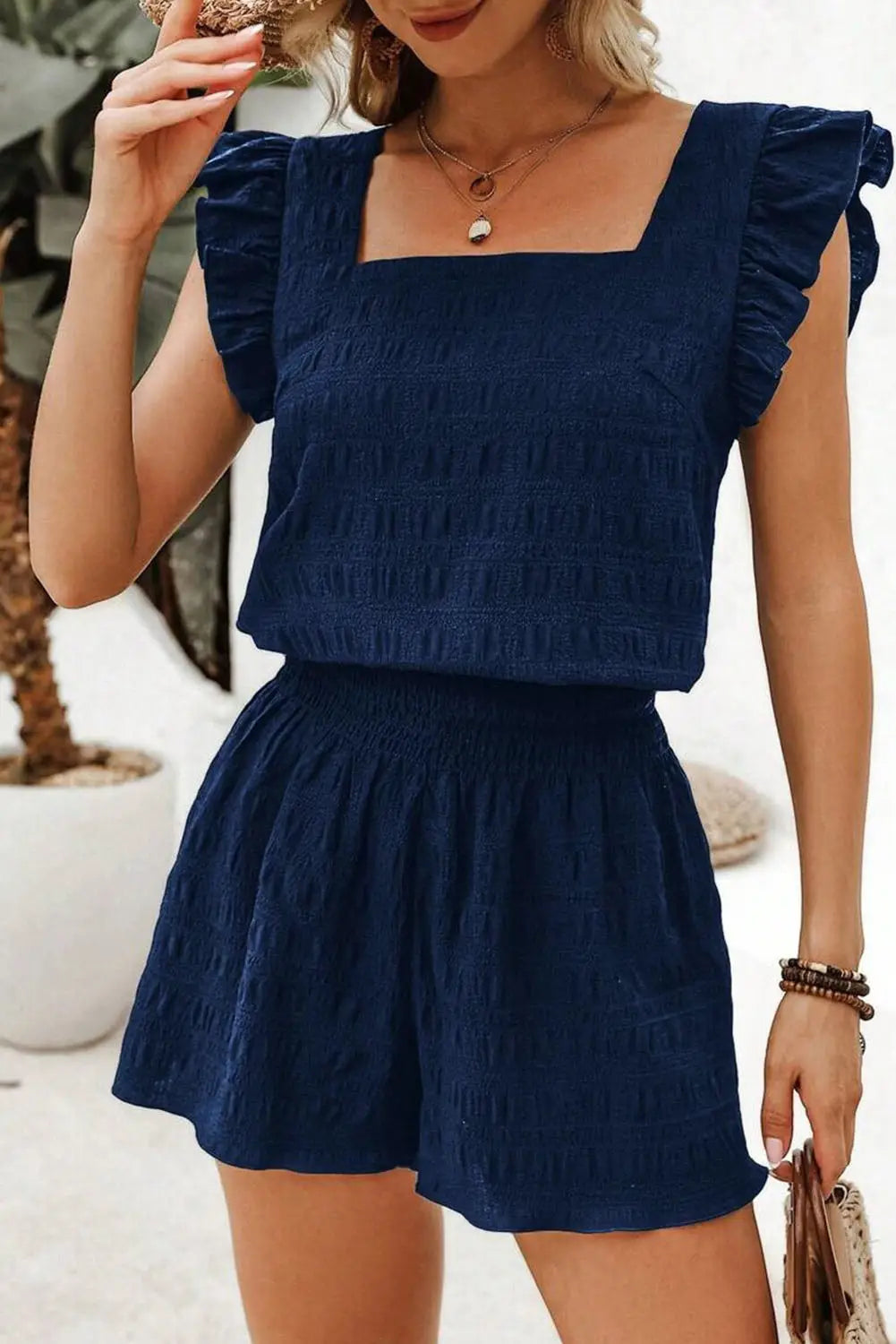 Textured square neck top & shirred high waist shorts set co-ord uk | fashionfitz
