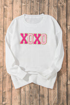 White XOXO Glitter Print Round Neck Casual Sweater