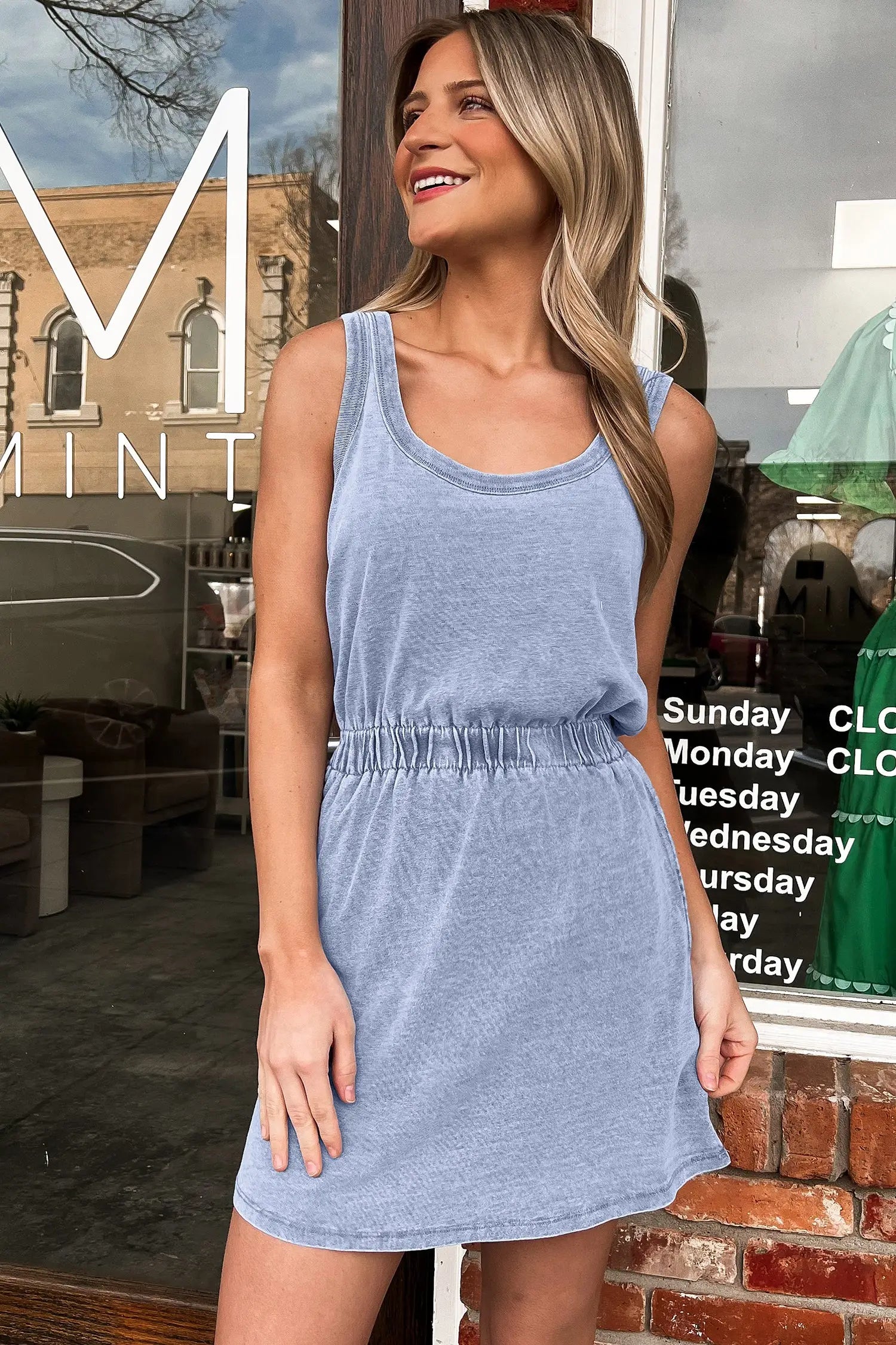 Smoke gray mineral wash u neck elastic waist sleeveless mini dress