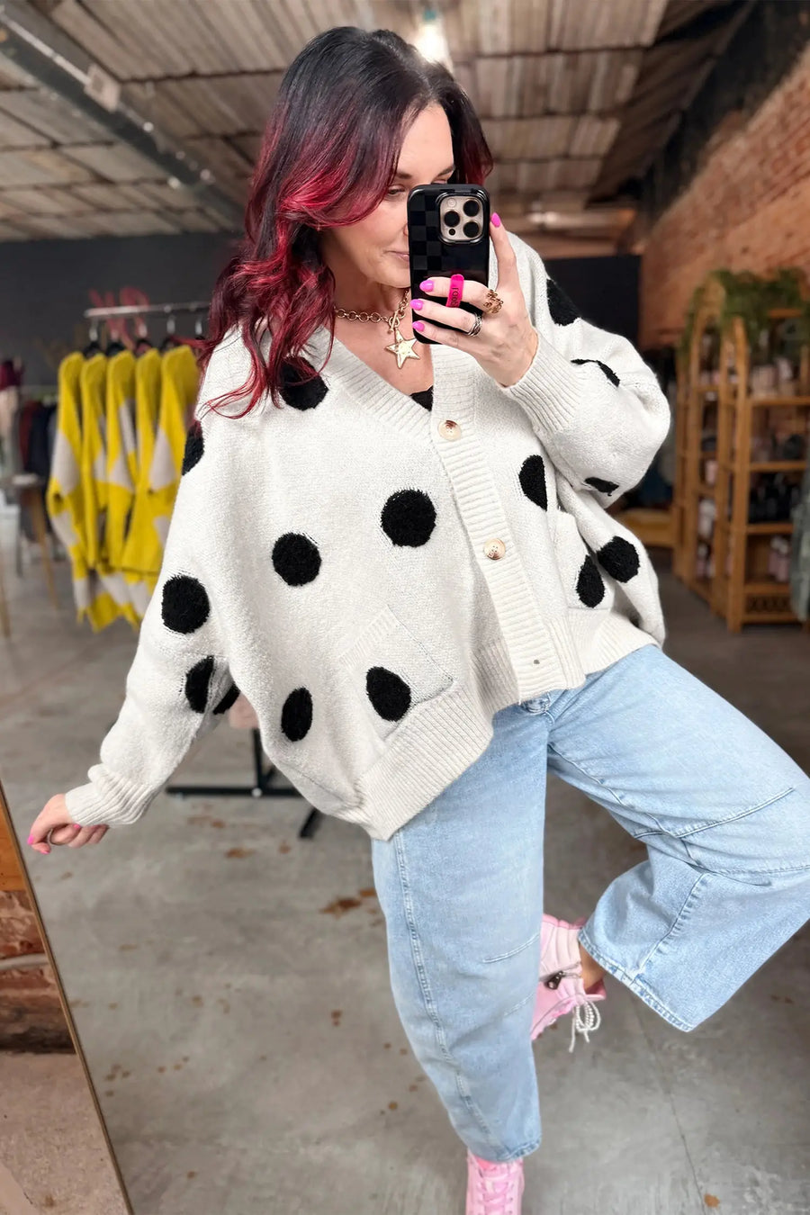Polka Dot Button Front Oversized V-Neck Cardigan