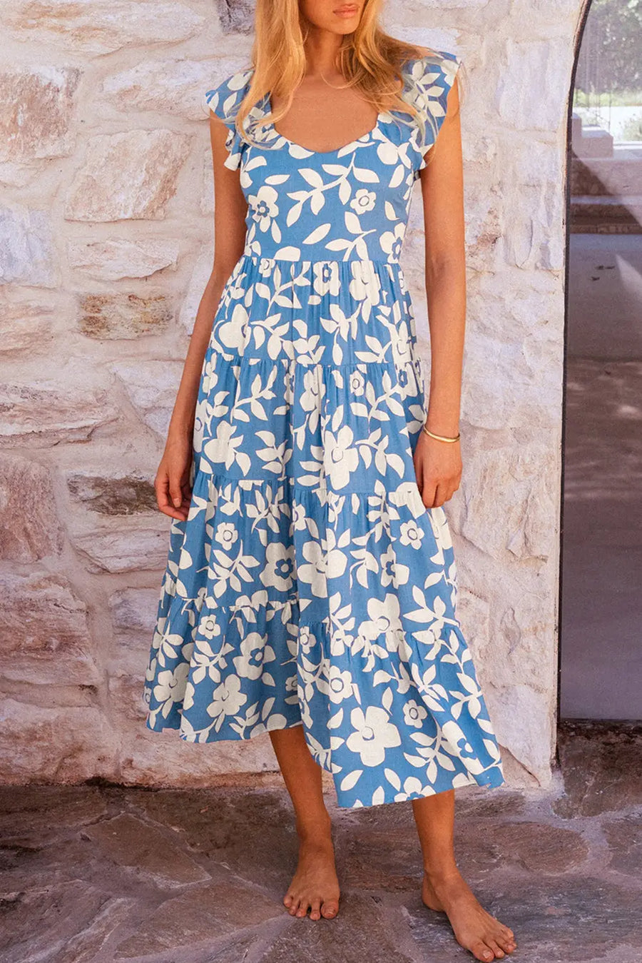 Sky Blue Floral Flutter Shoulder Tiered Midi Dress Women UK