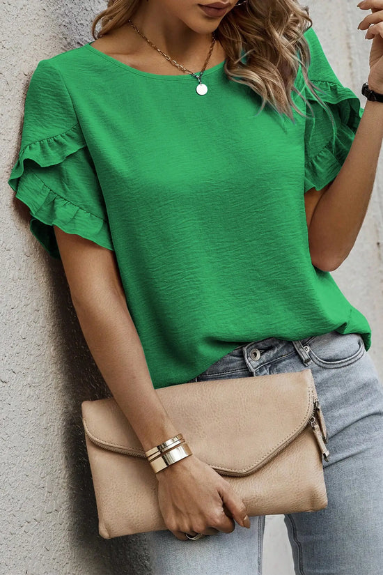 Ruffle trim round neck blouse | fashionfitz