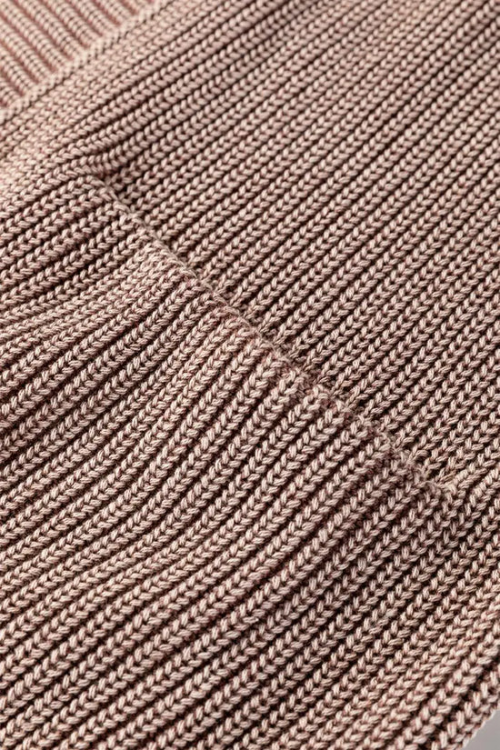 Close-up of brown ribbed knit texture on Women's Stonewash Patchwork Knit Open Cardigan, showcasing detailed stitching and soft fabric.