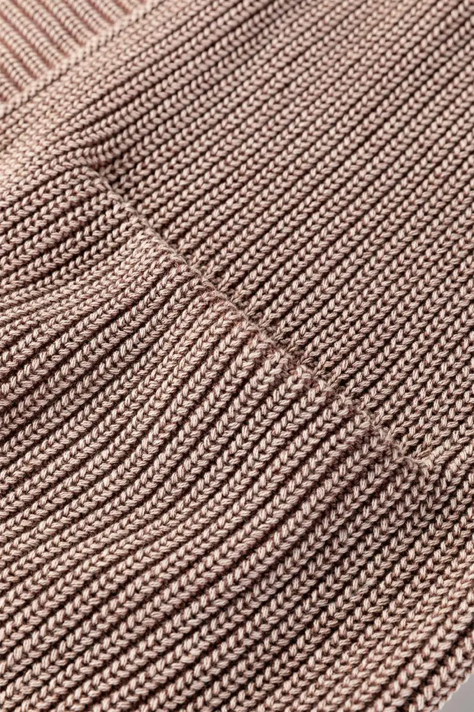 Close-up of brown ribbed knit texture on Women's Stonewash Patchwork Knit Open Cardigan, showcasing detailed stitching and soft fabric.