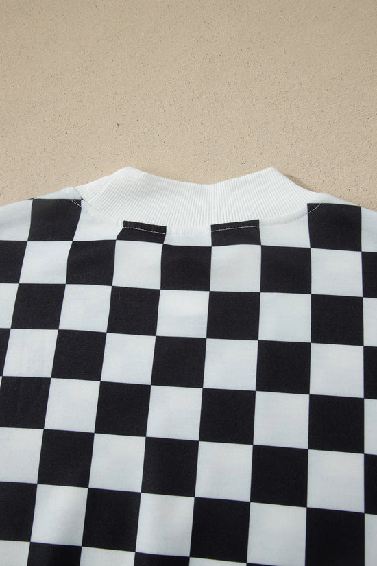 Checkered colour block trim mock neck short set outfit sets