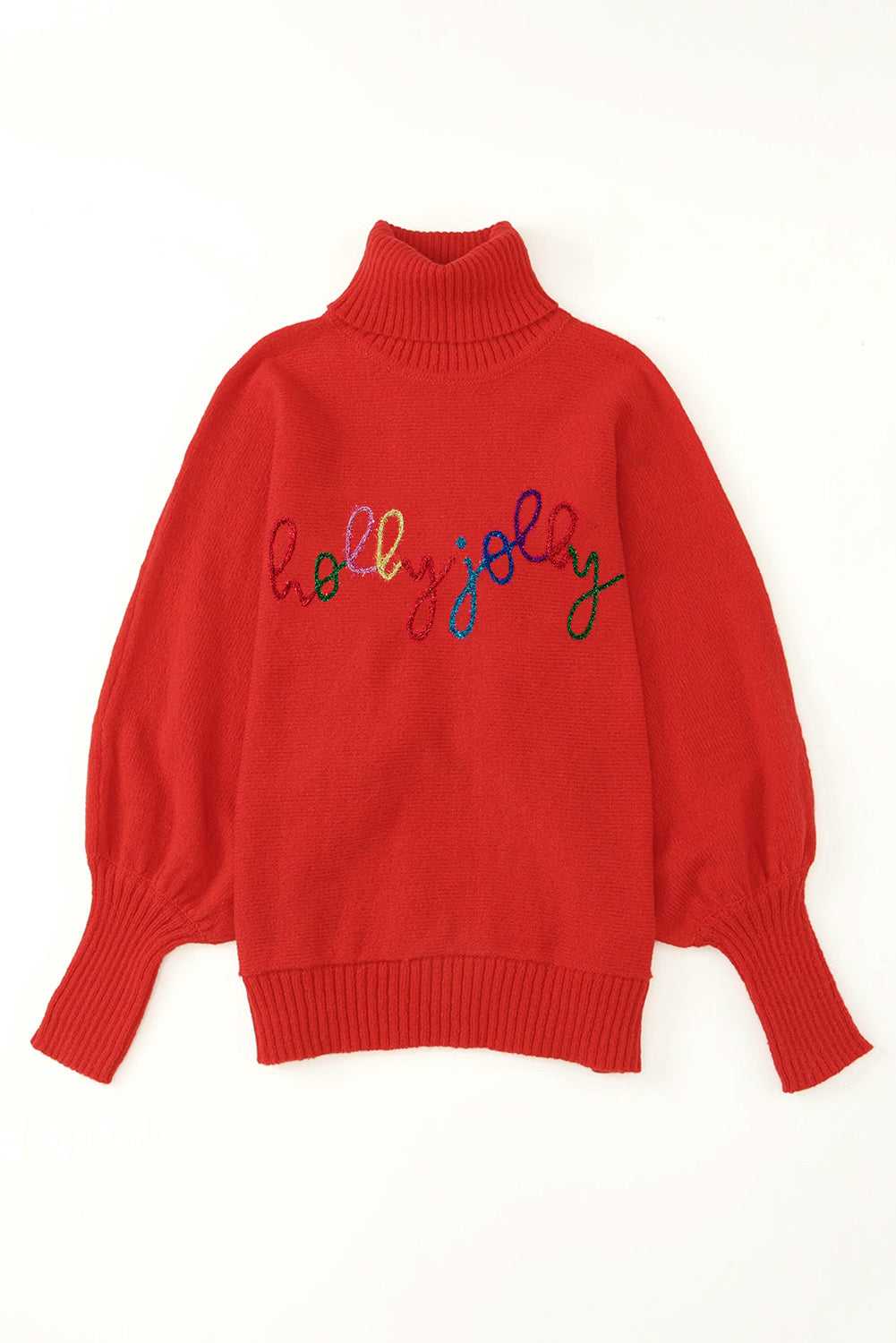 Flat lay of red high neck sweater with 'holly jolly' embroidery, perfect for Christmas and winter wardrobe styling.