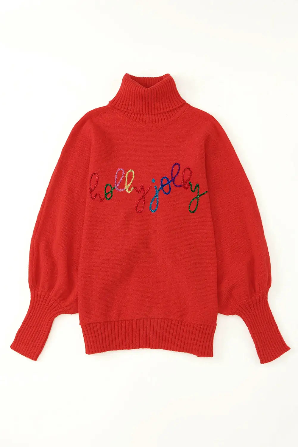 Flat lay of red high neck sweater with 'holly jolly' embroidery, perfect for Christmas and winter wardrobe styling.