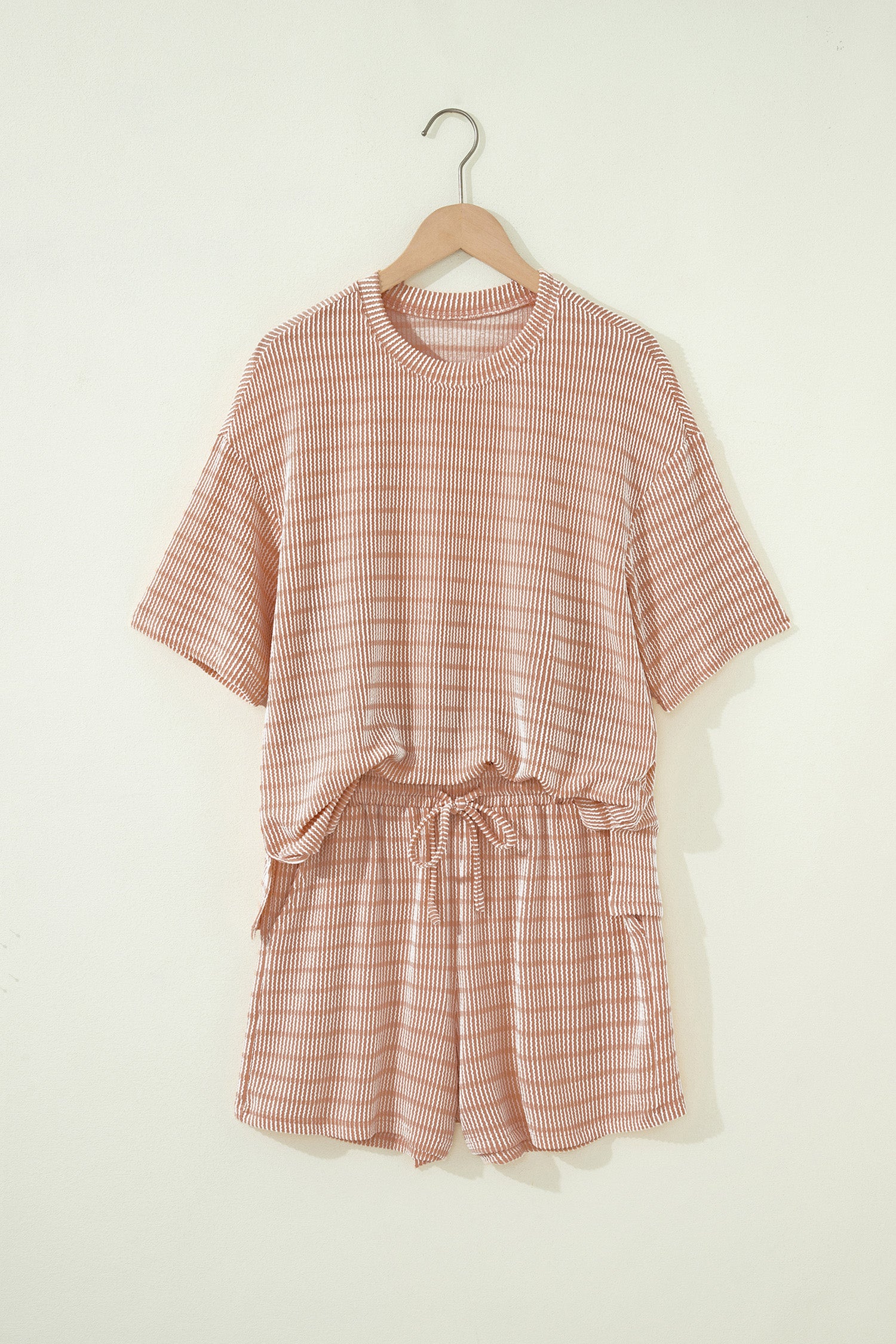 Stripe Raised Rib Loose Tee & Drawstring Elastic Waist Shorts Set