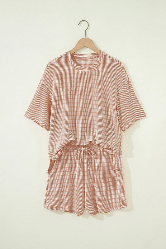 Women's rose stripe raised rib tee and drawstring shorts co-ord front view