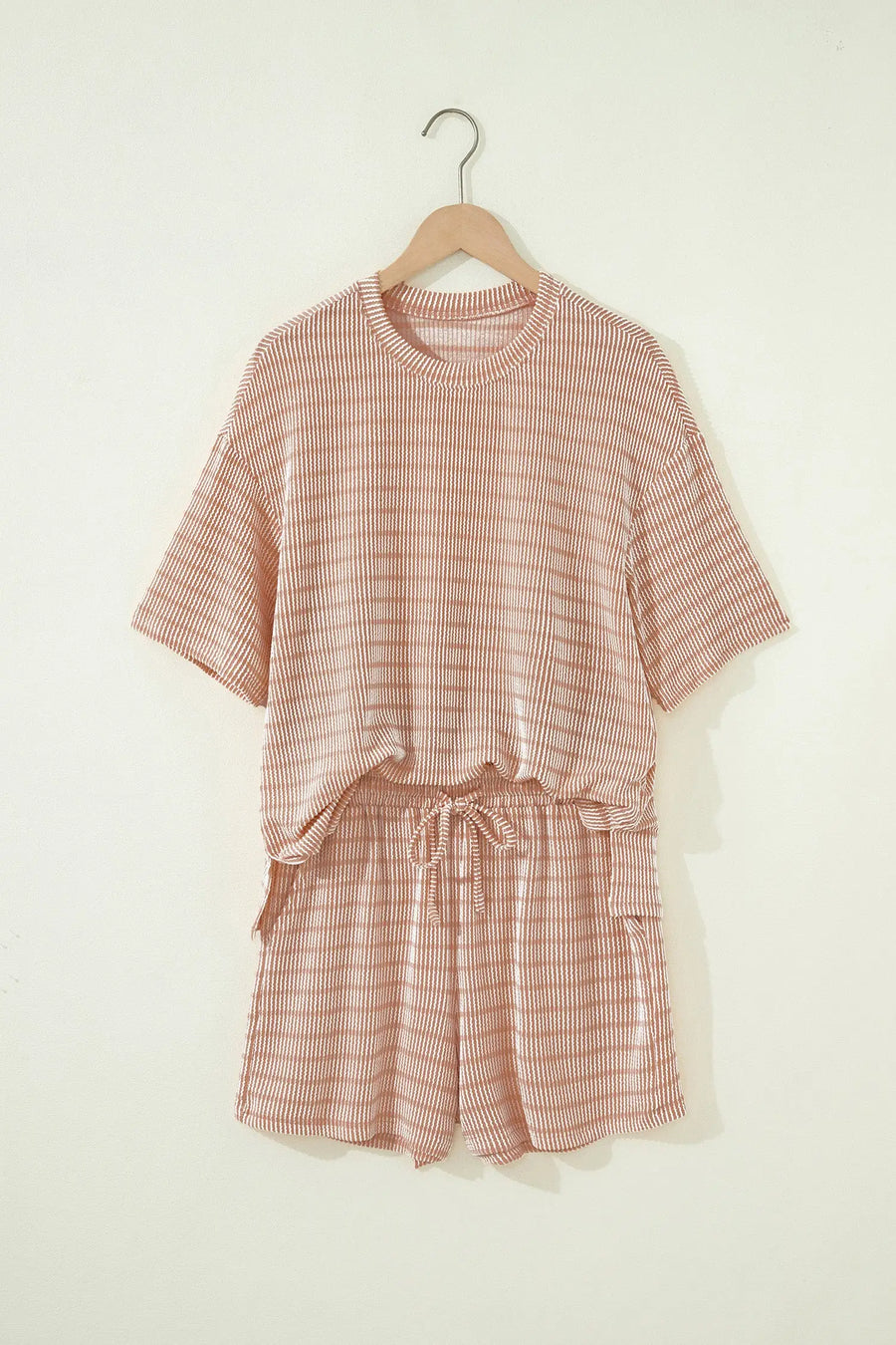 Stripe raised rib loose tee and shorts co-ord set front view | Fashionfitz UK
