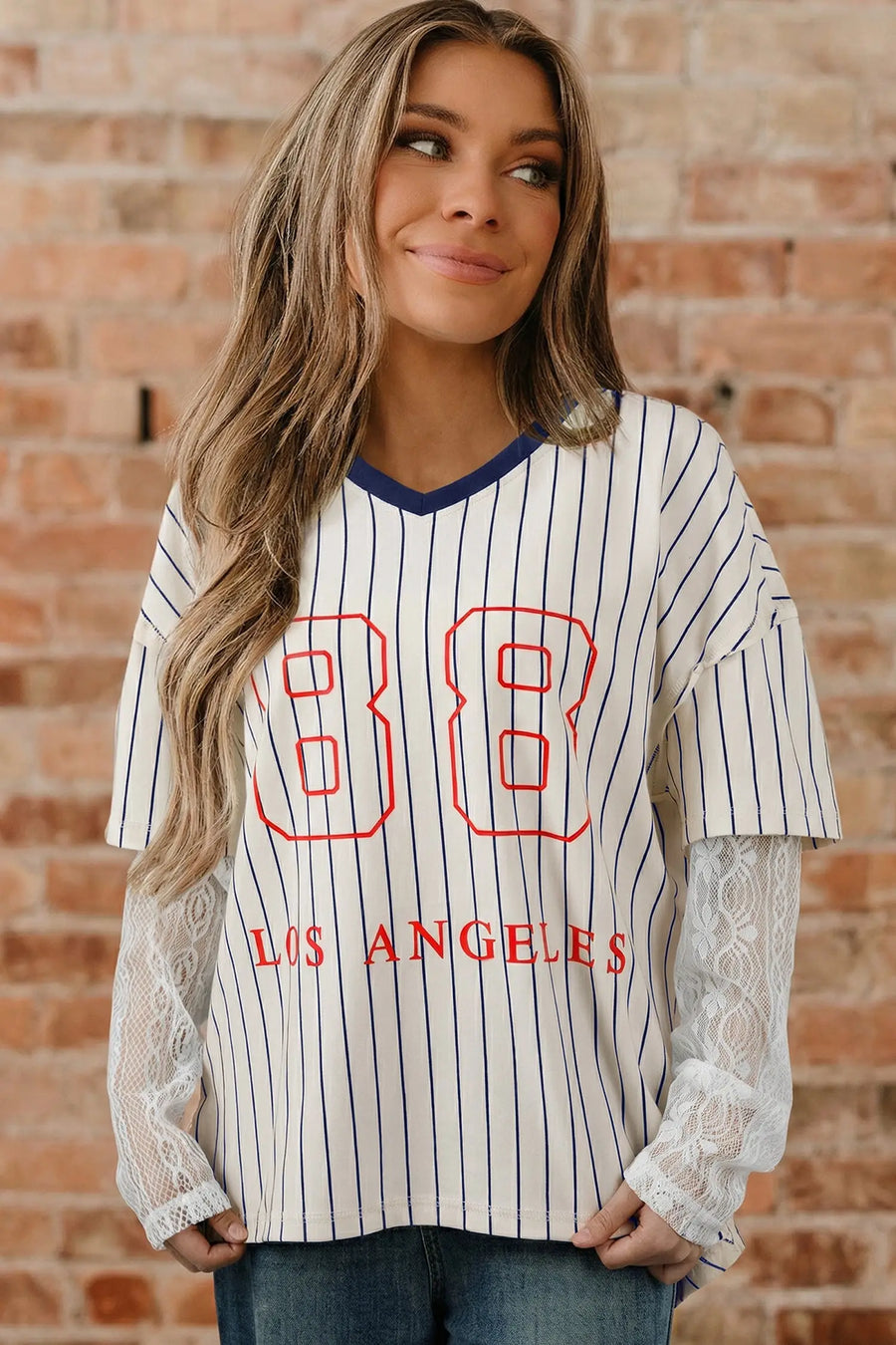 Blue Stripe 88 LOS ANGEL Lace Patchwork V Neck Top Women UK