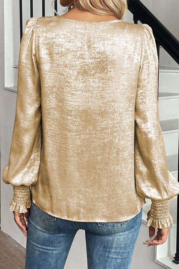 Back view of metallic plus size blouse with long flounce sleeves