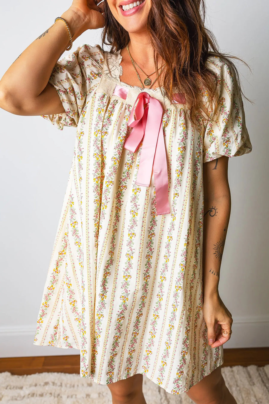 Multicolour Floral Lace Trim Bow Square Neck Mini Dress Women UK