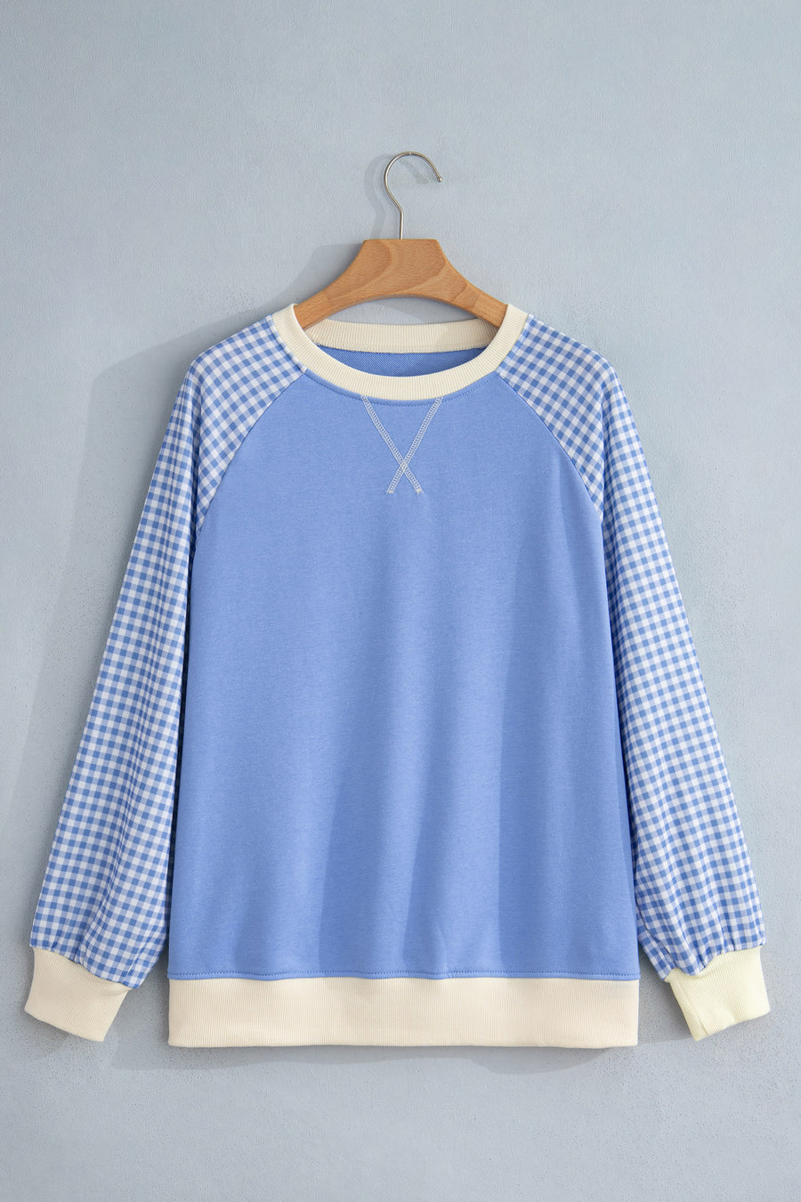 Beige Plaid Colour Block Raglan Pullover Sweatshirt Women UK