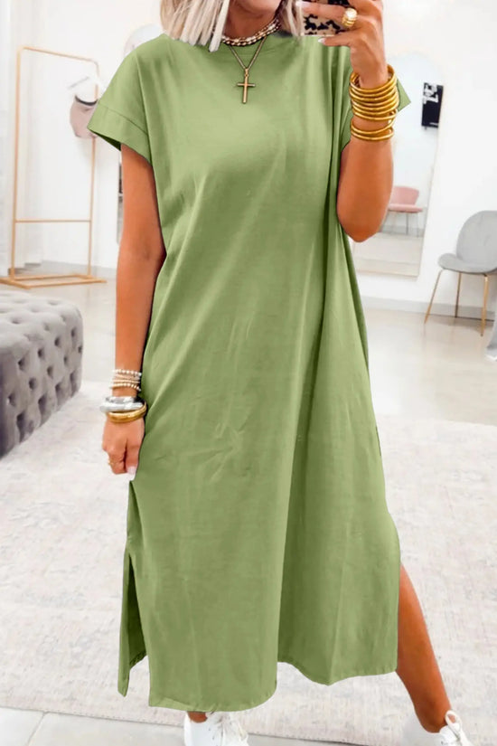 Red sandalwood solid color long t shirt dress with slits