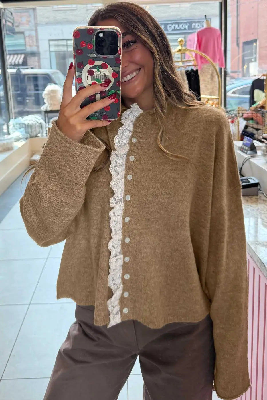 Women’s Taupe Lace Trim Loose Cardigan featuring soft knit fabric and delicate lace accents, ideal for relaxed autumn outfits and layering.