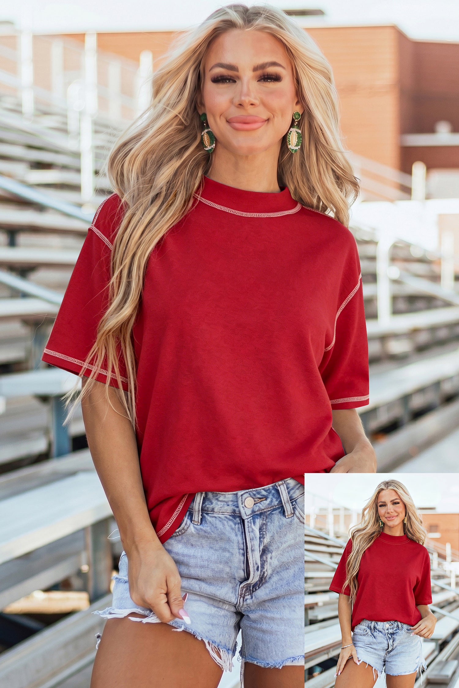 Reversible Contrast Stitch Drop Shoulder High Neck Short Sleeve Tee