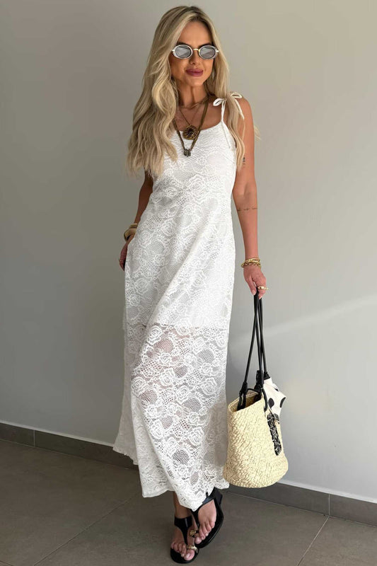 Elegant White Lace Overlay Spaghetti Strap Maxi Dress featuring floral lace and A-line silhouette, ideal for summer holidays and events.