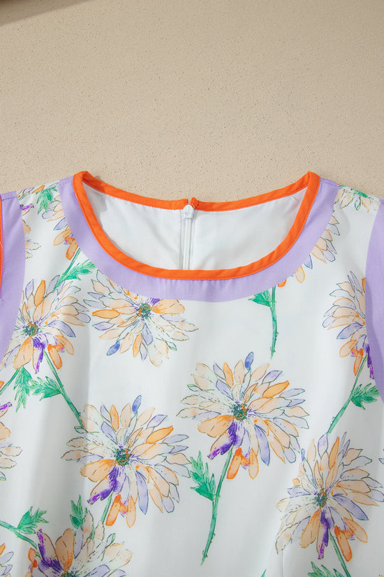 Floral Print Colour Block Belted Maxi Dress Sleeveless Side Pockets