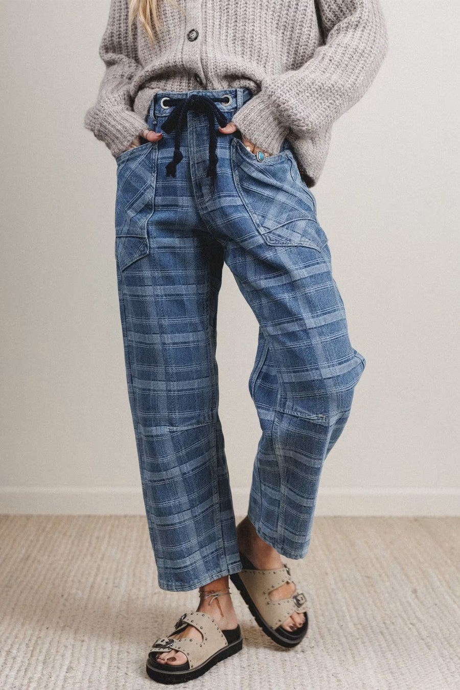 Sky blue plaid denim jeans side view showing ankle length — Fashionfitz UK