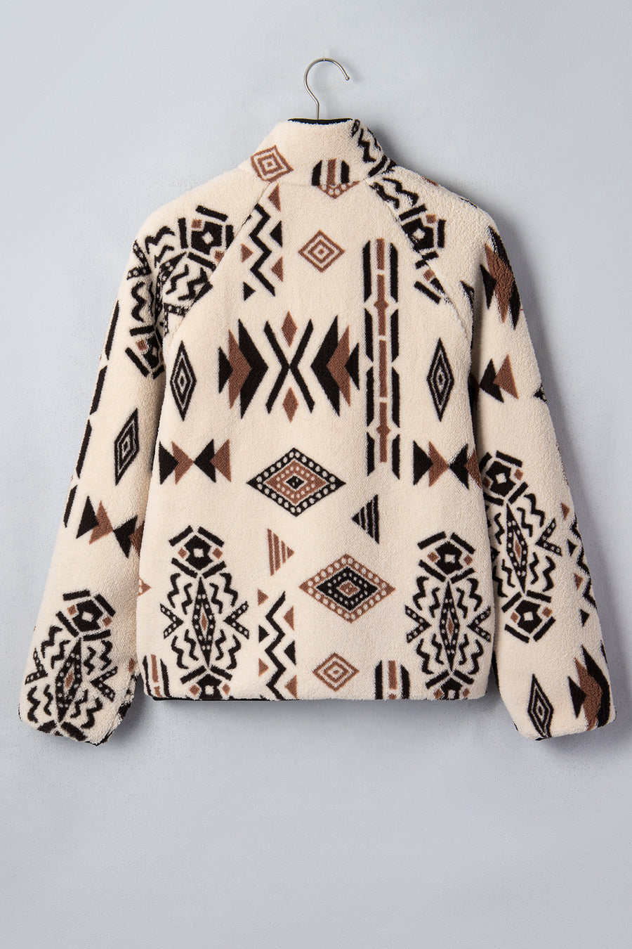 Beige Geometric Print Long Sleeve Shirt Collar Zip-up Placket Binding Tape Jacket