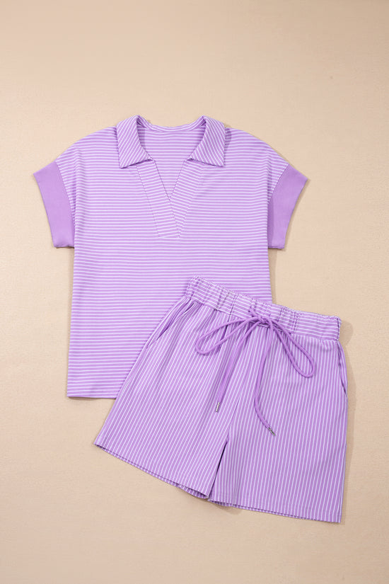 Striped Dolman Sleeve Polo Shirt and Drawstring Shorts Two Piece Set
