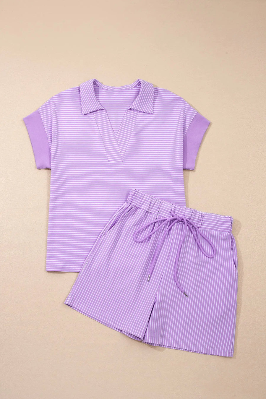 Striped Dolman Sleeve Polo Shirt and Drawstring Shorts Two Piece Set