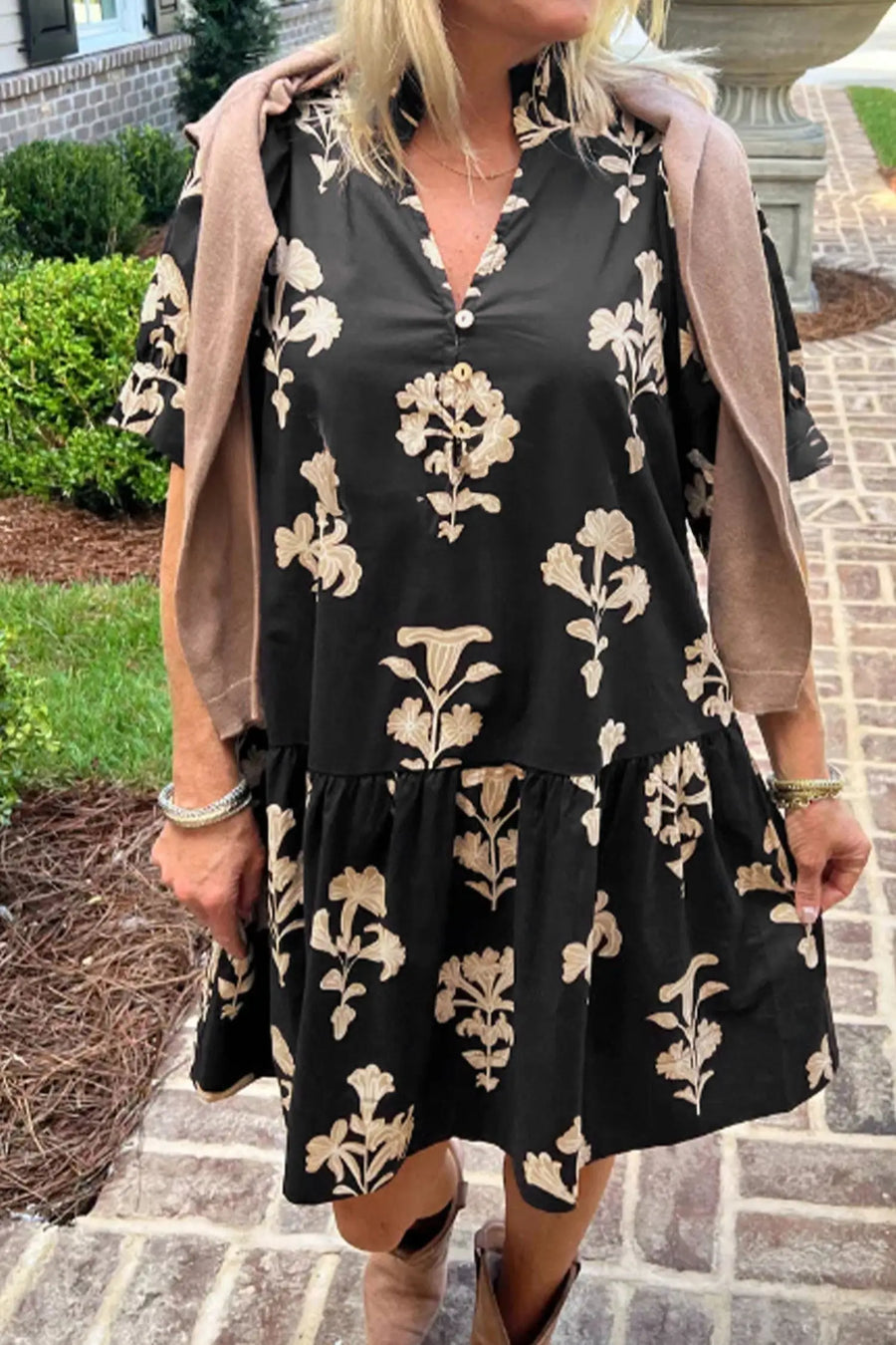 Floral frilled v-neck puff sleeve mini dress dresses