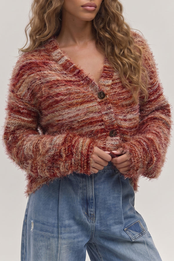 Tawny fuzzy striped button front cardigan women UK front view open styled