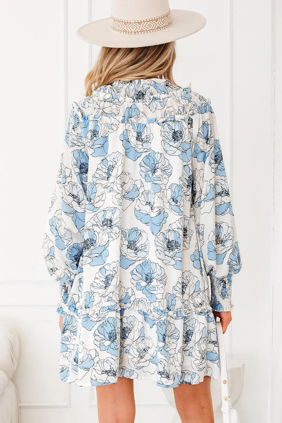 Sky Blue Floral Tie Neck Long Sleeve Flowy Mini Dress Women UK — model shot