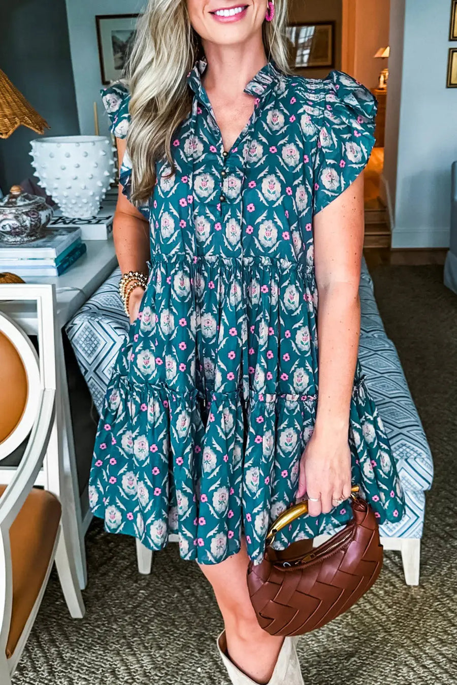 Blue Retro Floral Split Neck Ruffle Short Sleeve Dress Women UK