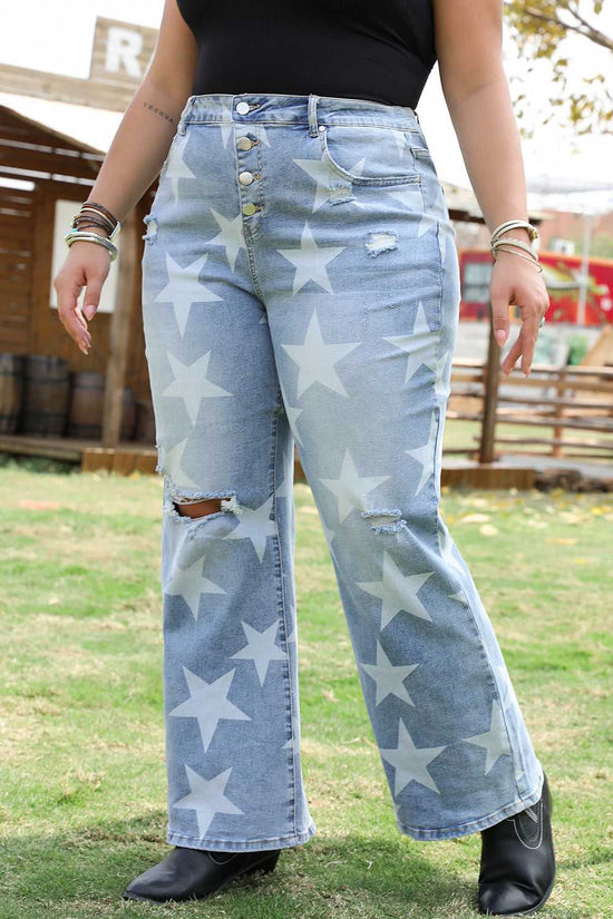 Front close-up of Fashionfitz star print distressed plus size jeans with ripped knees and button fly, perfect for summer wear.