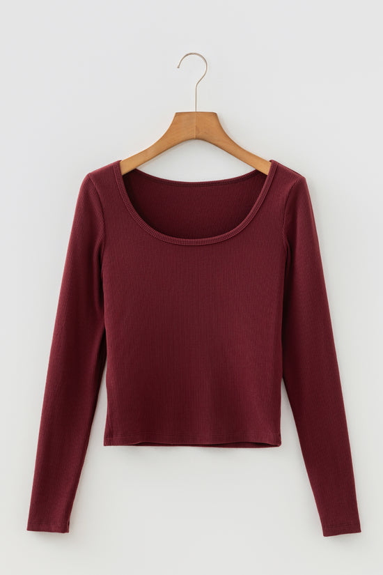 Brown Ribbed Long Sleeve Crop Top