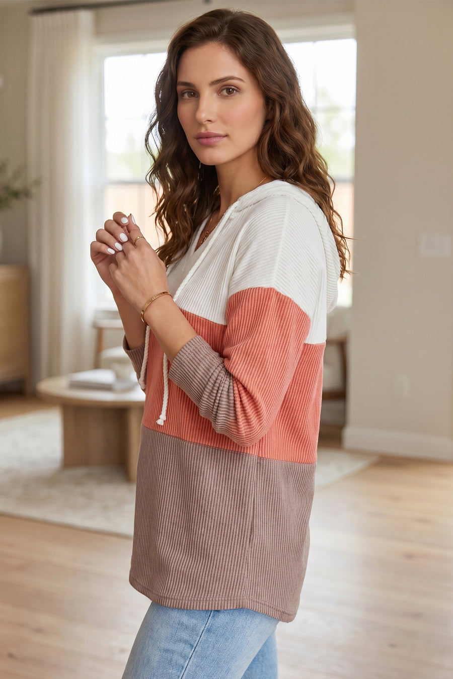 Flame Ribbed Colorblock Hooded Pullover Top